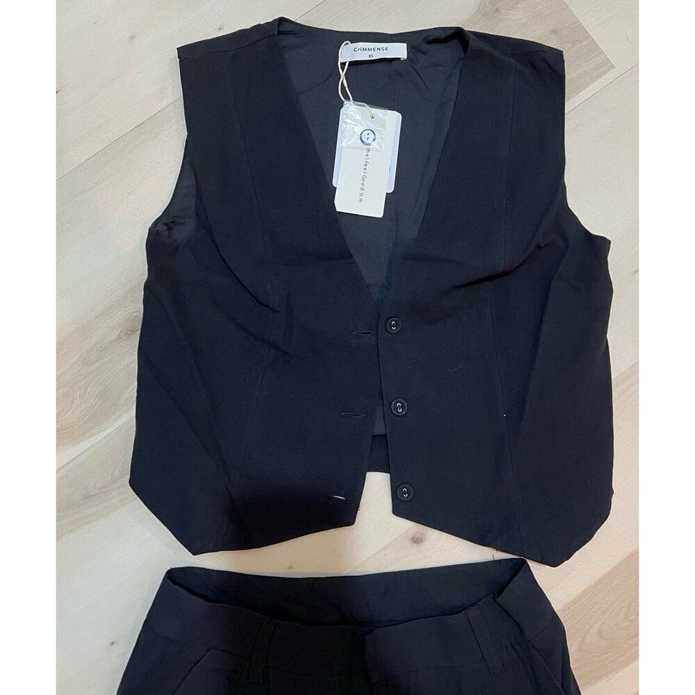Commense NWT XS Black Cotton Two Piece Vest Pant Set Old Money Minimalist Chic - Picture 6 of 12